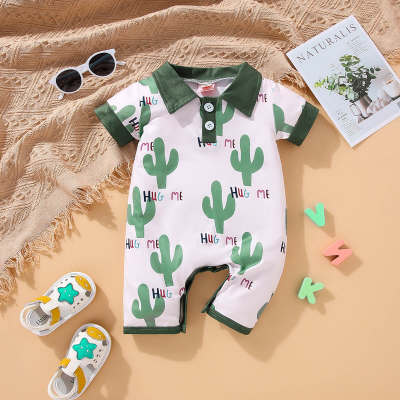 Baby Boy Allover Cactus Printed Polo Collar Short Sleeve Boxer Romper
