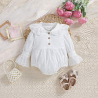 Baby Girl Solid Color Ruffle-sleeve Lace decoratived Single-breasted Romper for Autumn Spring  White