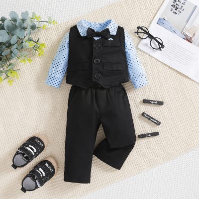 Vestido de bebê terno manga comprida macacão colete calças conjunto de três peças