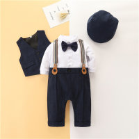 5-piece Baby Boy Bottoming Shirt & Dungarees & Bowtie & V-neck Button-up Vest & Beret  Deep Blue