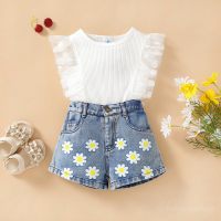 Summer girls' short-sleeved tops and denim shorts two-piece set  White