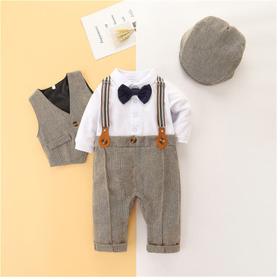 Camisa de bebê menino de 5 peças e macacão e gravata borboleta e colete e boina com decote em V