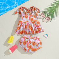 Summer baby suit baby print suspender top shorts two piece suit  Orange