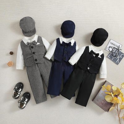 Traje de caballero para bebé, chaleco de otoño para bebé, mono, sombrero, conjunto de cuatro piezas