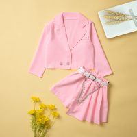 Spring girls' solid color long-sleeved suit and culottes two-piece set  Pink