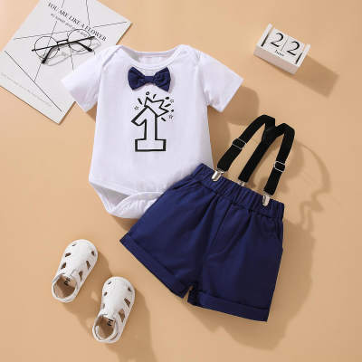 2-piece Baby Boy Letter Printed Bowtie Decor Short Sleeve Romper & Solid Color Dungarees
