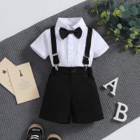 Summer children's dress suit boy's short-sleeved shirt suspender shorts two-piece set  Black