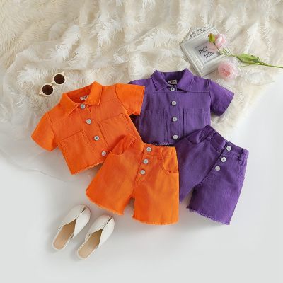 Girls summer suit solid color short-sleeved tops and shorts two-piece set