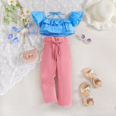 Girls Summer Suit Baby Sling One Shoulder Top Jeans Two-piece Suit