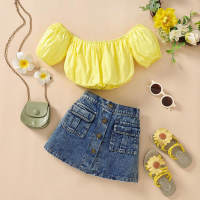Summer girls' denim skirt two piece suit  Yellow