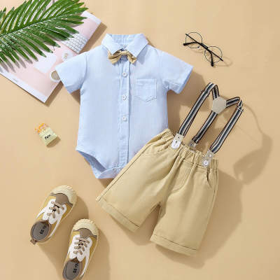 2-piece Baby Boy Solid Color Bowtie Decor Short Sleeve Romper & Solid Color Dungarees