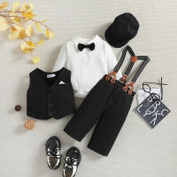 Baby Boy 6 Pieces Gentleman Style Vest & Bodysuit & Pants & Hat & Shoulder Strap & Bow  Black