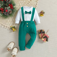 Baby Boy 2 Pieces Solid Color bow Decor Bodysuit & Suspender Pants  Green