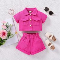 Girls summer denim suit short-sleeved top shorts two-piece set  Hot Pink