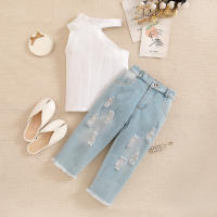 2-piece Toddler Girl Solid Color Dew Shoulder Sleeveless Top & Ripped Denim Pants  White