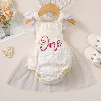 Baby Girl Letter Pattern Lace Mesh Decor Sleeveless Triangle Romper