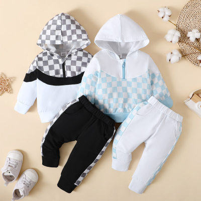 2-piece Baby Boy Plaid Patchwork Zipper Front Hoodie & Matching Pants