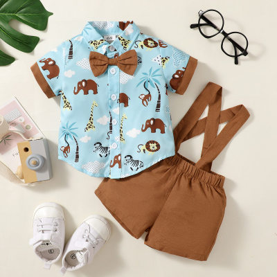 Baby Boy Short Sleeve Shirt And Solid Colour Overalls Shorts