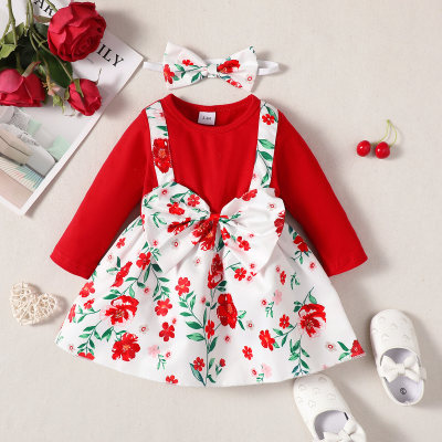 Baby Solid Color Long Sleeve Top & Floral Overalls Dress