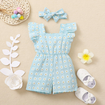 Baby Girl Floral Print Ruffle-sleeve Suspender Shorts With Headband
