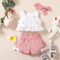 Baby Girl 3 Pieces Floral Front button Top And Solid Bowknot Shorts with Headband  Pink