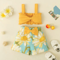 Baby Girl Solid Color Bowknot Decor Sling & Floral Print Shorts  Yellow