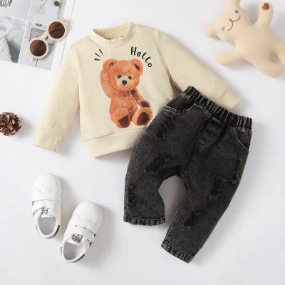 Baby Boy Bear and Letter Pattern Sweatshirt & Solid Color Denim Pants