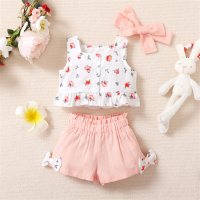 Baby Girl 3 Pieces Floral Front button Top And Solid Bowknot Shorts with Headband  Floral color