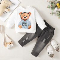 Baby Boy Bear Printed Long Sleeve Top & Straight Denim Pants  White