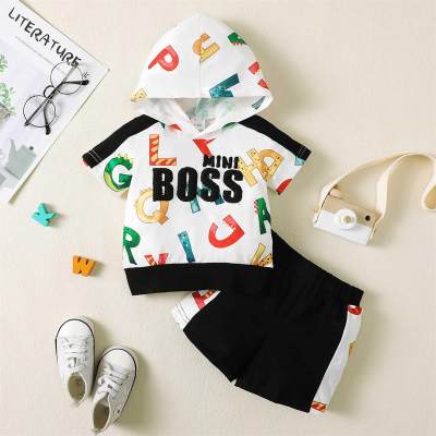 2-piece Baby Boy Color-block Letter Printed Short Sleeve Hoodie & Matching Shorts