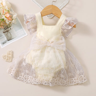 Baby Girl Solid Color Bowknot Decor Mesh Patchwork Skirted Short Sleeve Romper