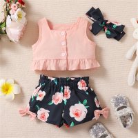 Baby Girl 3 Pieces Floral Front button Top And Solid Bowknot Shorts with Headband  Black