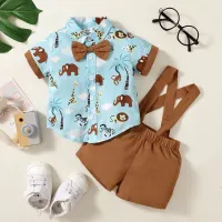 Baby Boy Short Sleeve Shirt And Solid Colour Overalls Shorts  Multicolor