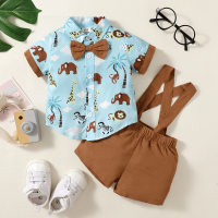 Baby Boy Short Sleeve Shirt And Solid Colour Overalls Shorts - Hibobi