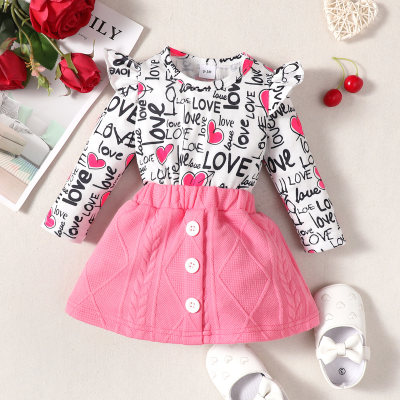 Baby Letter Heart-shaped Printed Ruffled Sleeve Romper & Solid Color Pants
