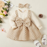 Baby Sweet Solid Color Bowknot Decor Long Sleeve Dress with Headband  Apricot