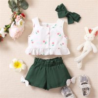 Baby Girl 3 Pieces Floral Front button Top And Solid Bowknot Shorts with Headband  Green