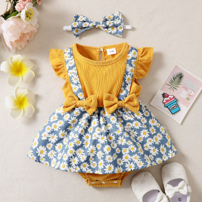 Baby Girl Ruffle-sleeve Patchwork Floral Bowknot Bodysuit with Headband