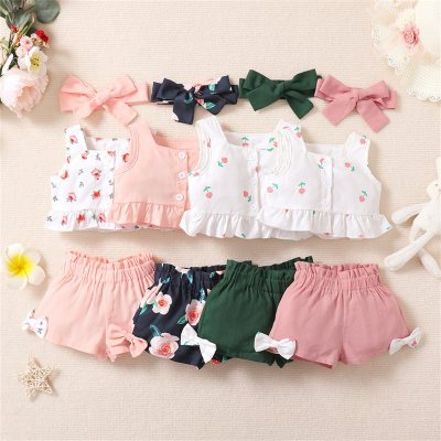 Baby Girl 3 Pieces Floral Front button Top And Solid Bowknot Shorts with Headband