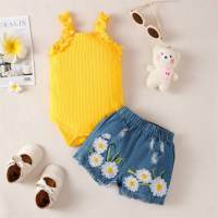 2-piece Baby Girl Solid Color Ribbed Cami Romper & Floral Printed Denim Shorts  Yellow