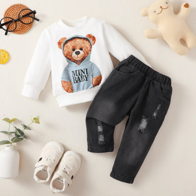 Baby Boy Bear Printed Long Sleeve Top & Straight Denim Pants
