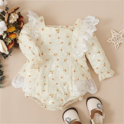 Baby Floral Lace Square Neck Long Sleeve Triangle Romper