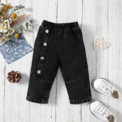Calça jeans de algodão puro com botão frontal para bebê menino