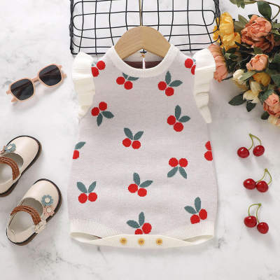 Bebê tricotado cereja jacquard doce estilo princesa colete macacão triangular de uma peça
