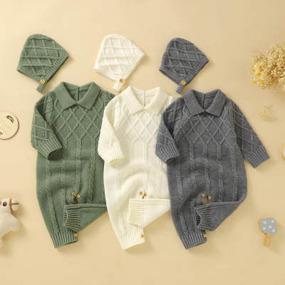 2-piece Baby Solid Color Ribbed Lapel Knitted Jumpsuit & Matching Hat