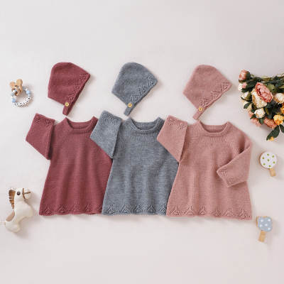 2-piece Baby Girl Solid Color Long Sleeve Knitted Dress & Hat