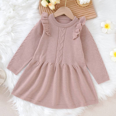 Toddler Girl Ruffled Solid Patchwork Long Sleeve A-line Dress
