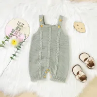 Baby Solid Color Sweater Button Decor Sleeveless Boxer Romper  Green