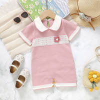 Baby knitted sweet style short-sleeved one-piece romper  Pink