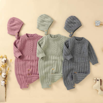 2-piece Baby Solid Color Cable Knitted Long-sleeved Long-leg Romper & Matching Infant Hat